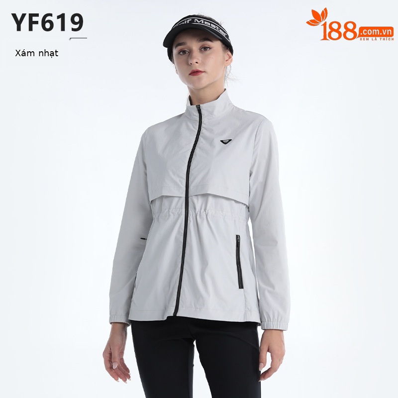 Áo khoác golf nữ cổ đứng chống nước, eo thắt dây, phù hợp mùa thu đông — YF619-màu xám nhạt, YF619-Đen, YF619-màu trắng