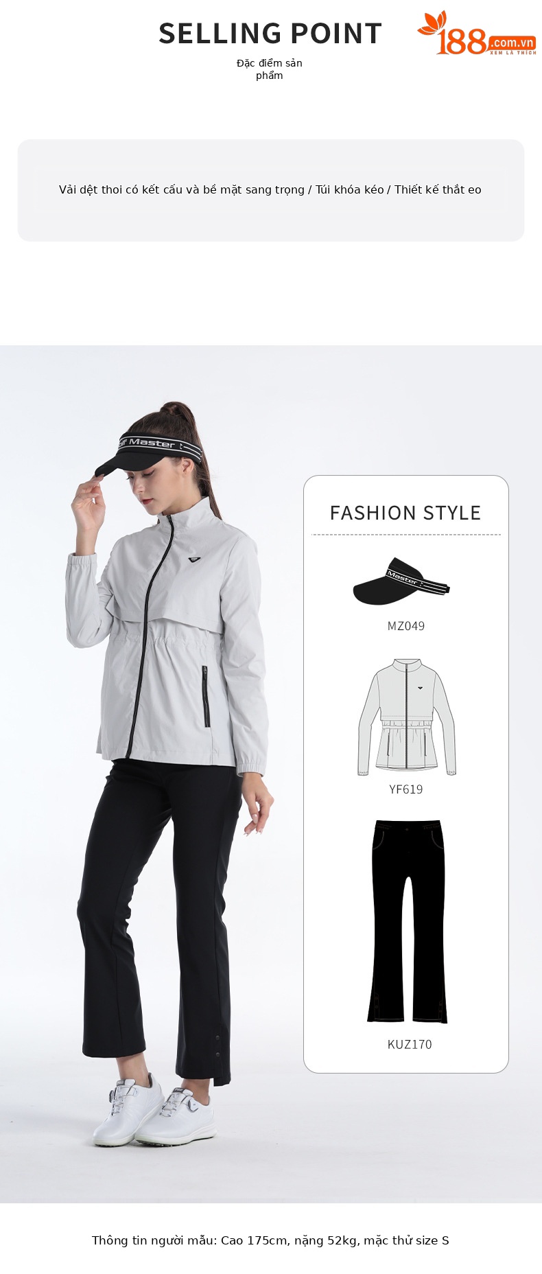 Áo khoác golf nữ cổ đứng chống nước, eo thắt dây, phù hợp mùa thu đông — YF619-màu xám nhạt, YF619-Đen, YF619-màu trắng chi tiết 3