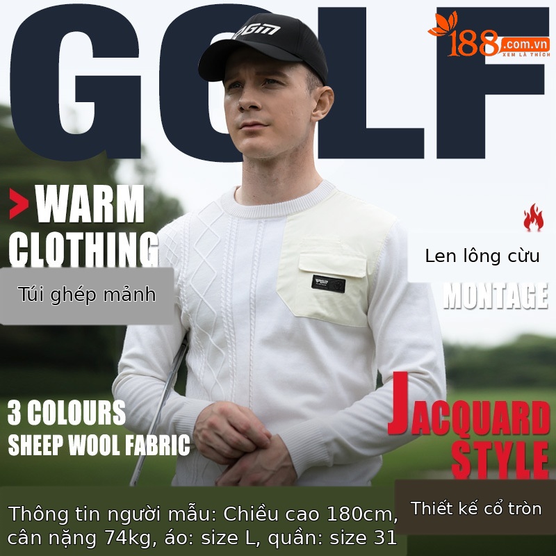 Áo len golf PGM cổ tròn lông cừu giữ ấm thu đông — YF624-Áo len trắng, YF624-Áo len Màu Đỏ, YF624-Áo len Đen