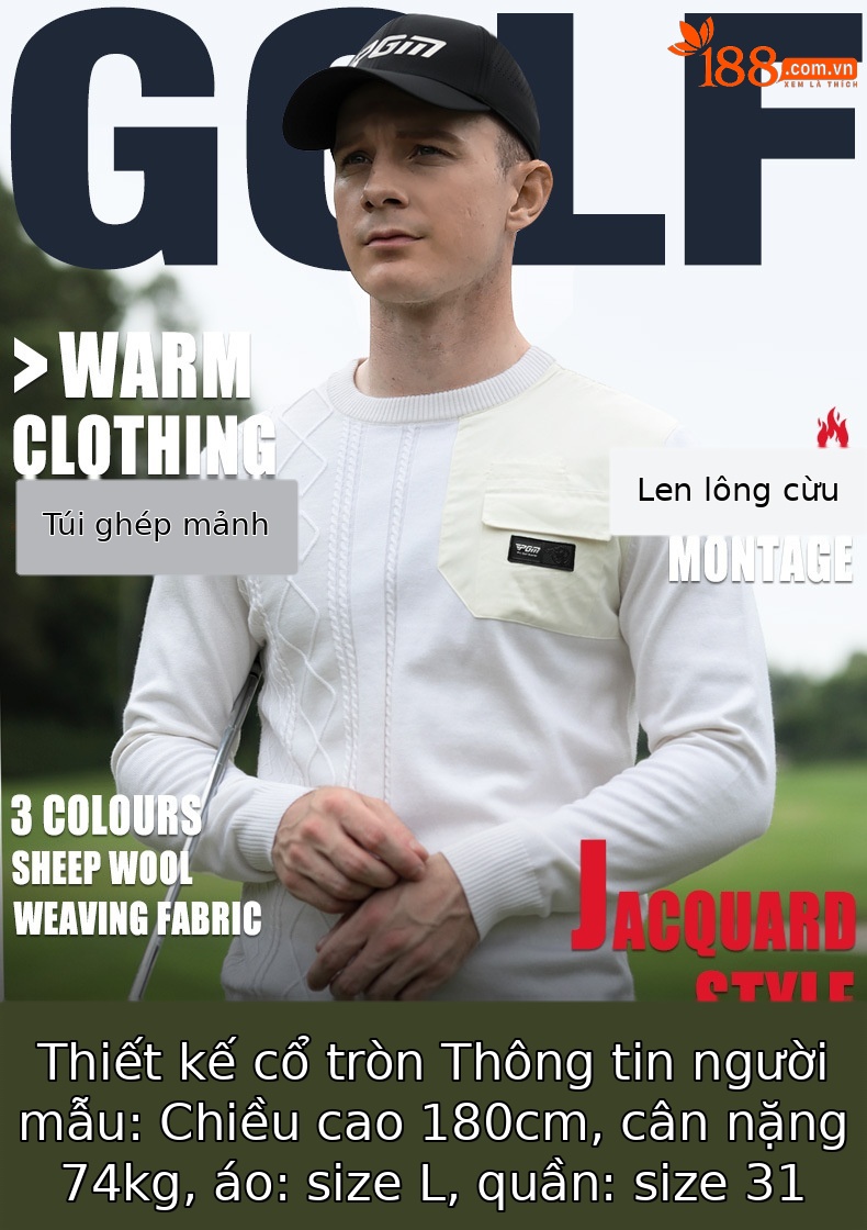 Áo len golf PGM cổ tròn lông cừu giữ ấm thu đông — YF624-Áo len trắng, YF624-Áo len Màu Đỏ, YF624-Áo len Đen chi tiết 3