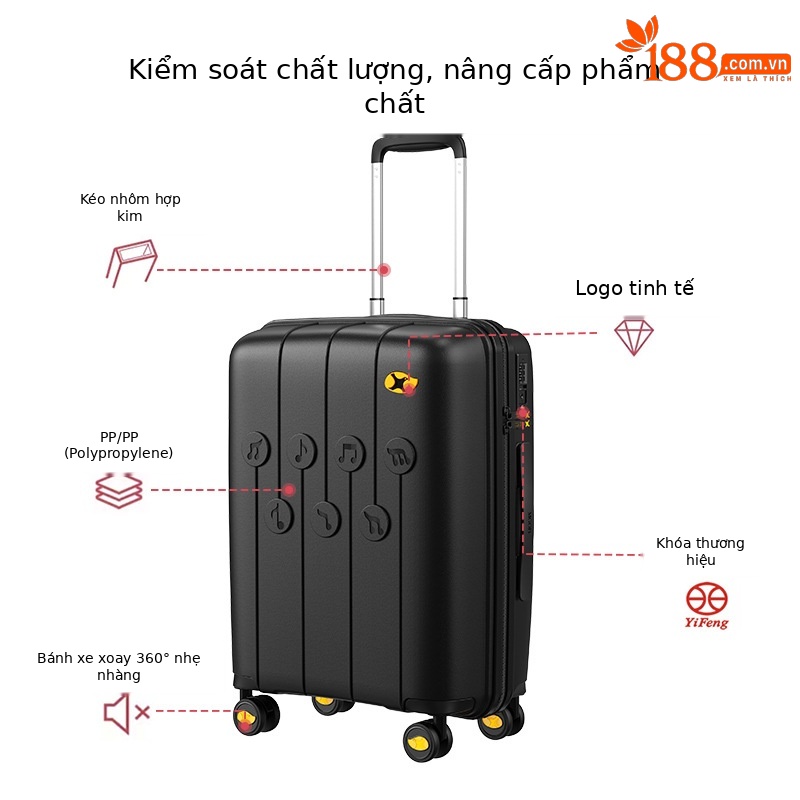 Vali kéo PP siêu nhẹ dung tích lớn, thiết kế họa tiết nốt nhạc thời trang, size cabin 20 inch — Hộp đựng xe đẩy Mango Bird Cherry Powder