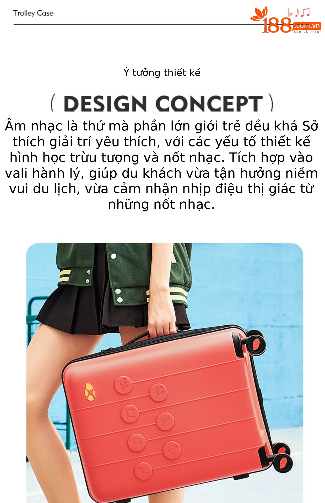 Vali kéo PP siêu nhẹ dung tích lớn, thiết kế họa tiết nốt nhạc thời trang, size cabin 20 inch — Hộp đựng xe đẩy Mango Bird Cherry Powder chi tiết 6