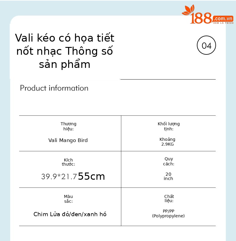 Vali kéo PP siêu nhẹ dung tích lớn, thiết kế họa tiết nốt nhạc thời trang, size cabin 20 inch — Hộp đựng xe đẩy Mango Bird Cherry Powder chi tiết 10