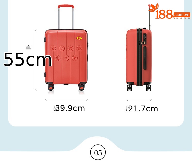 Vali kéo PP siêu nhẹ dung tích lớn, thiết kế họa tiết nốt nhạc thời trang, size cabin 20 inch — Hộp đựng xe đẩy Mango Bird Cherry Powder chi tiết 11