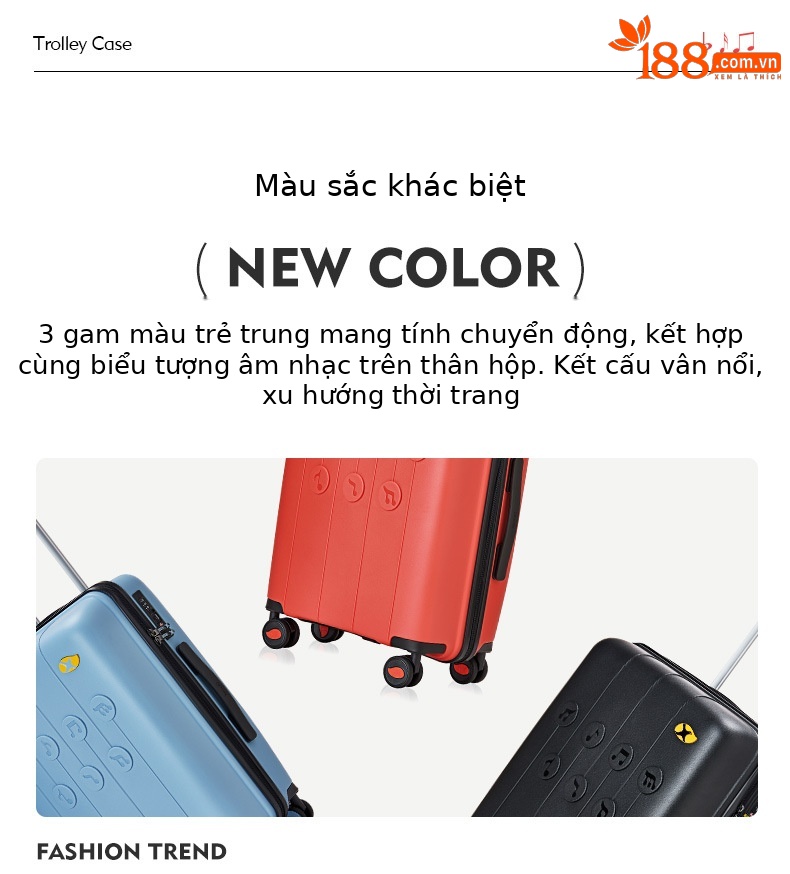 Vali kéo PP siêu nhẹ dung tích lớn, thiết kế họa tiết nốt nhạc thời trang, size cabin 20 inch — Hộp đựng xe đẩy Mango Bird Cherry Powder chi tiết 12
