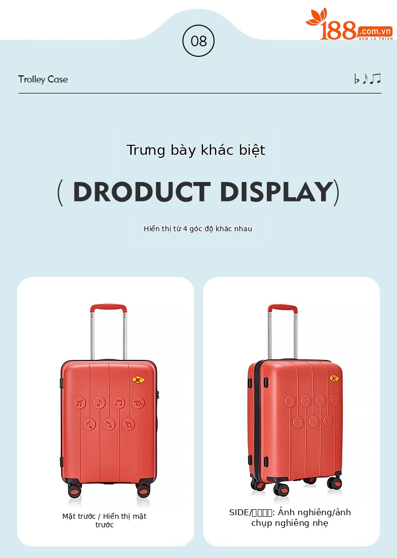 Vali kéo PP siêu nhẹ dung tích lớn, thiết kế họa tiết nốt nhạc thời trang, size cabin 20 inch — Hộp đựng xe đẩy Mango Bird Cherry Powder chi tiết 22