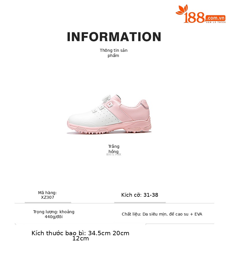 Giày golf sneaker trẻ em PGM chống trượt chống nước núm vặn dây — XZ307-Trắng hồng chi tiết 7