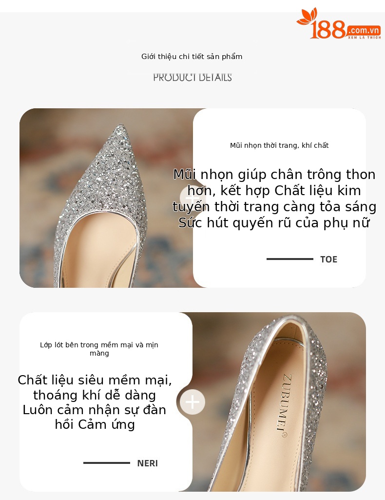 Giày cưới cô dâu phù dâu mũi nhọn gót nhọn cao gót 8 cm — Màu Sâm panh chi tiết 2