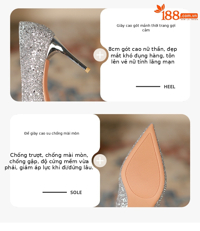 Giày cưới cô dâu phù dâu mũi nhọn gót nhọn cao gót 8 cm — Màu Sâm panh chi tiết 3