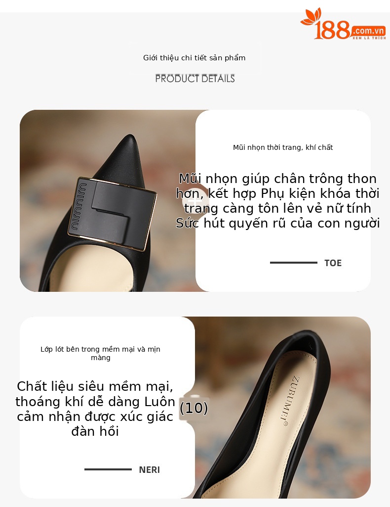 Giày cao gót mũi nhọn miệng nông thanh lịch phong cách Hàn Quốc — Màu đen chi tiết 2