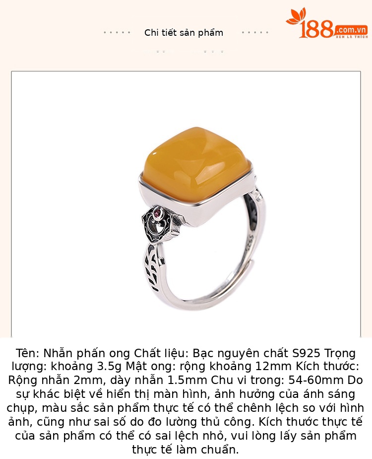 Nhẫn nữ bạc S925 hình vuông họa tiết hươu sáp ong, có thể điều chỉnh — Mở (một kích thước) chi tiết 3