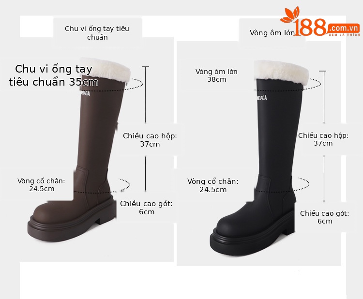Boot nữ cổ cao lót nhung đế dày da bò giữ ấm mùa đông — Màu nâu ống lớn chi tiết 3