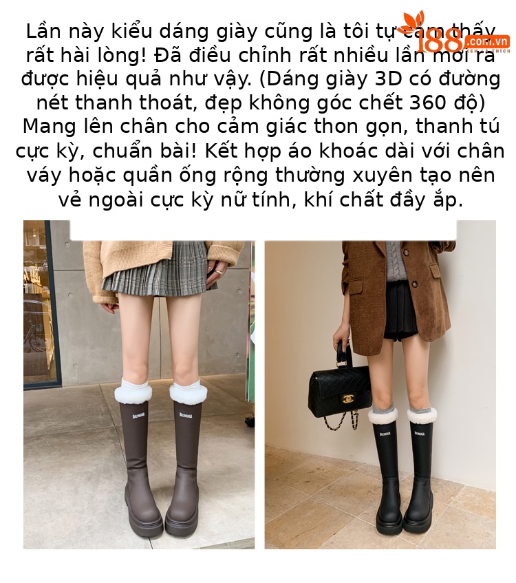 Boot nữ cổ cao lót nhung đế dày da bò giữ ấm mùa đông — Màu nâu ống lớn chi tiết 5