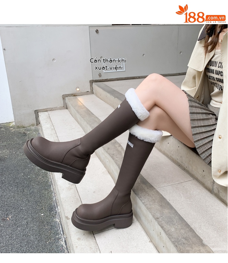 Boot nữ cổ cao lót nhung đế dày da bò giữ ấm mùa đông — Màu nâu ống lớn chi tiết 35