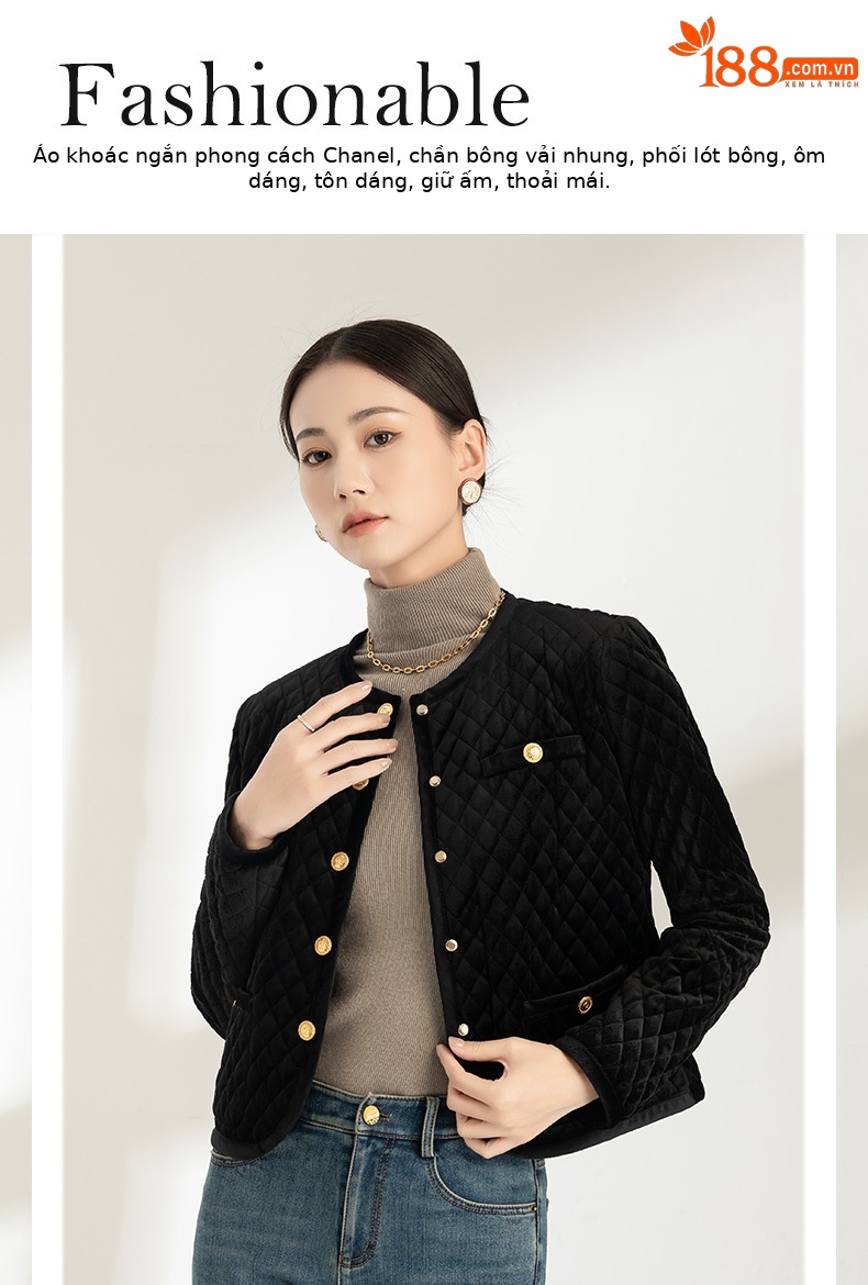Áo khoác nhung nữ cổ tròn ngắn dày dặn kiểu Chanel chần ô vuông — Màu đen chi tiết 1