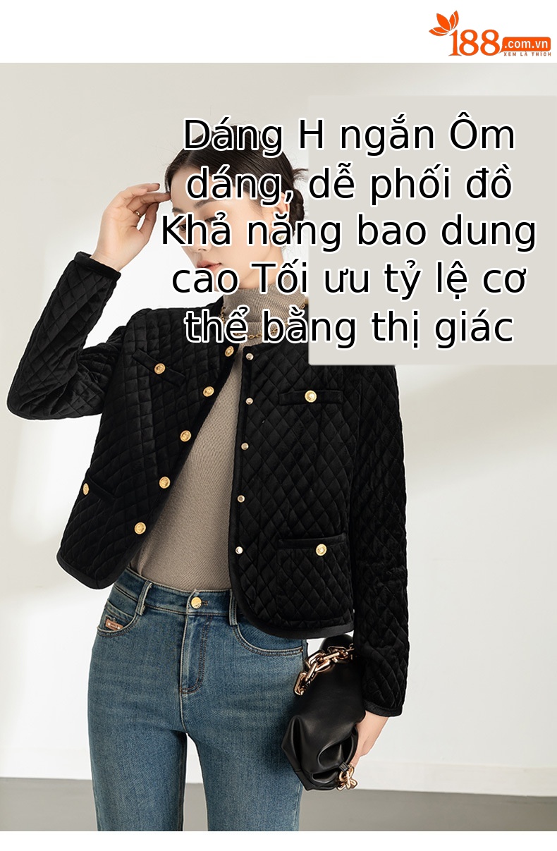 Áo khoác nhung nữ cổ tròn ngắn dày dặn kiểu Chanel chần ô vuông — Màu đen chi tiết 4