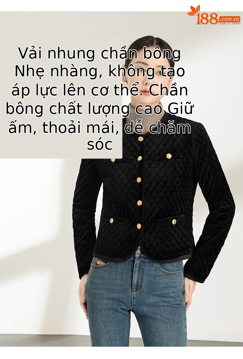 Áo khoác nhung nữ cổ tròn ngắn dày dặn kiểu Chanel chần ô vuông — Màu đen chi tiết 5