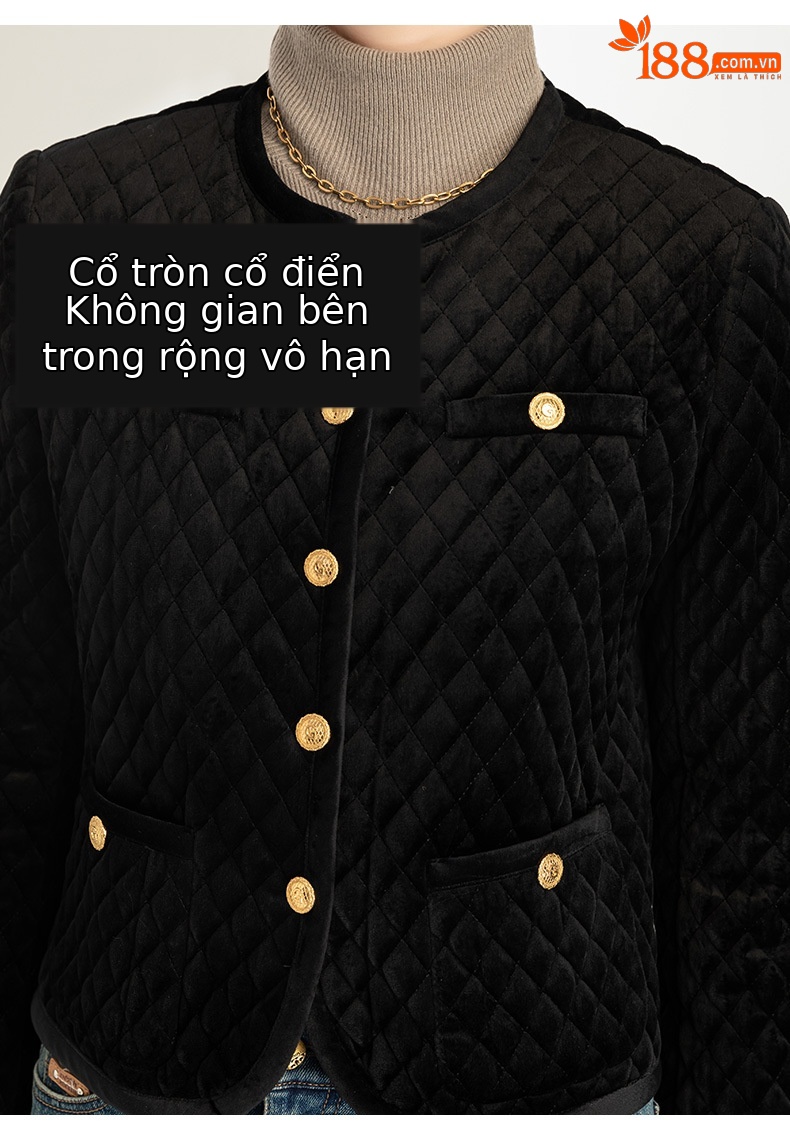 Áo khoác nhung nữ cổ tròn ngắn dày dặn kiểu Chanel chần ô vuông — Màu đen chi tiết 6