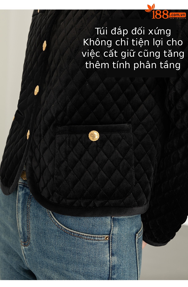 Áo khoác nhung nữ cổ tròn ngắn dày dặn kiểu Chanel chần ô vuông — Màu đen chi tiết 7