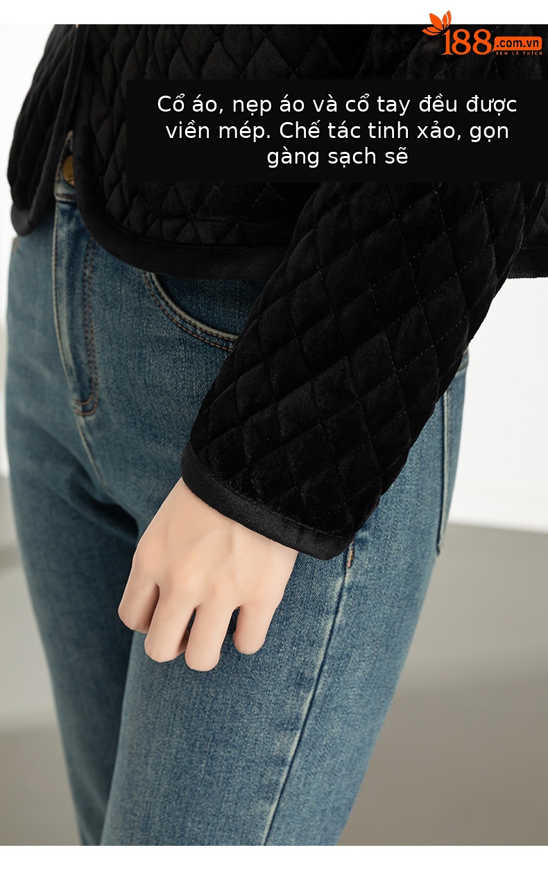 Áo khoác nhung nữ cổ tròn ngắn dày dặn kiểu Chanel chần ô vuông — Màu đen chi tiết 8