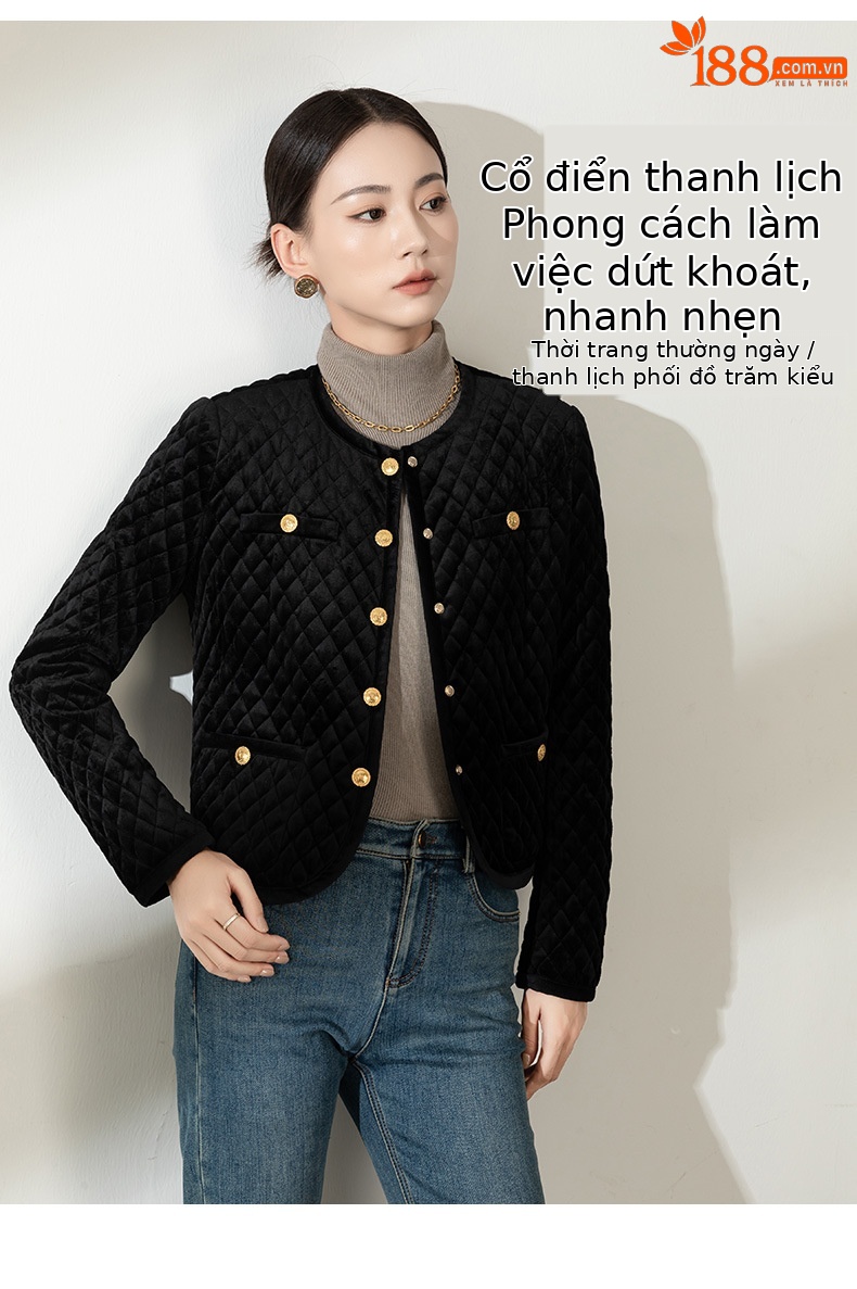 Áo khoác nhung nữ cổ tròn ngắn dày dặn kiểu Chanel chần ô vuông — Màu đen chi tiết 9