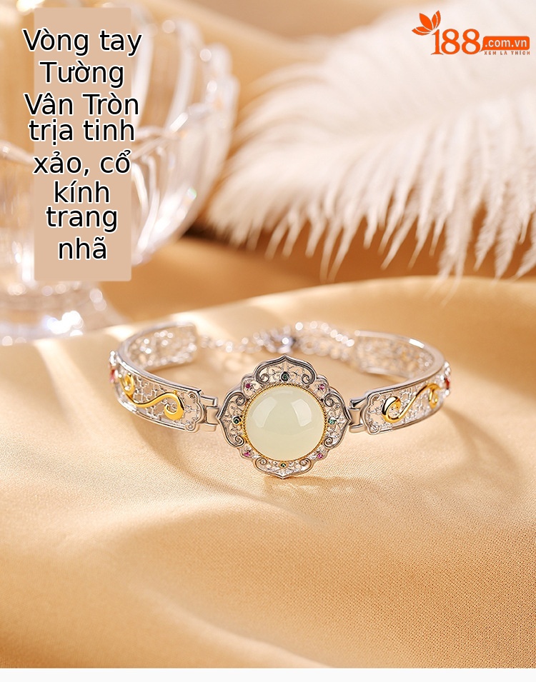 Vòng tay bạc S925 mạ vàng phong cách retro họa tiết mây lành mặt trứng khảm ngọc bích Hetian men — Khoảng 15 gram chi tiết 2