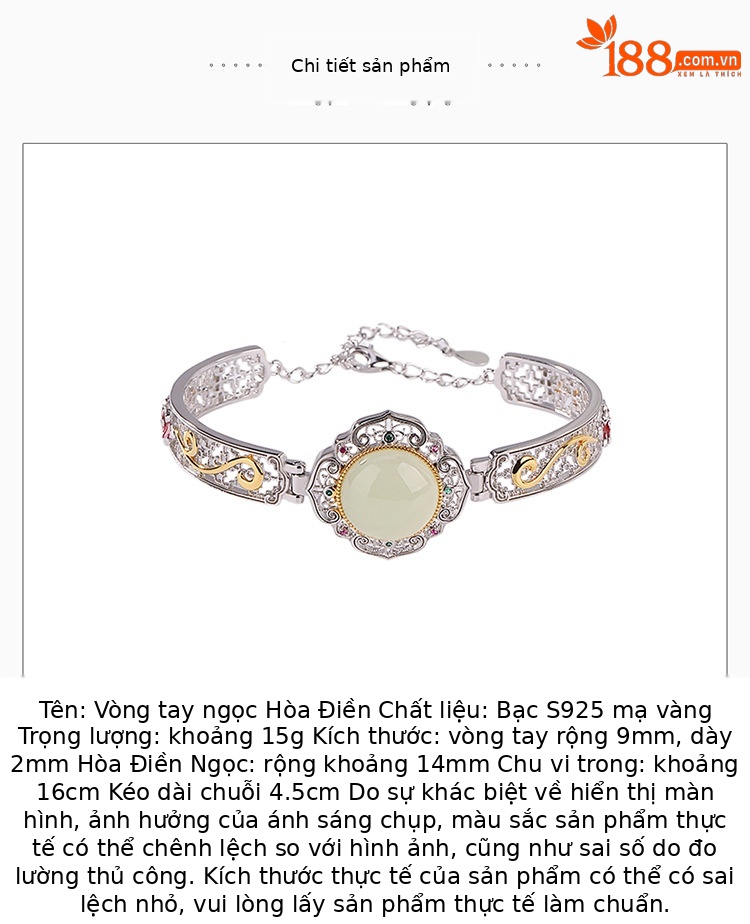 Vòng tay bạc S925 mạ vàng phong cách retro họa tiết mây lành mặt trứng khảm ngọc bích Hetian men — Khoảng 15 gram chi tiết 3