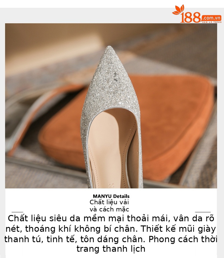 Giày cao gót mũi nhọn sequin lấp lánh CG6018 – miệng nông, gót nhọn — Màu Sâm panh chi tiết 4