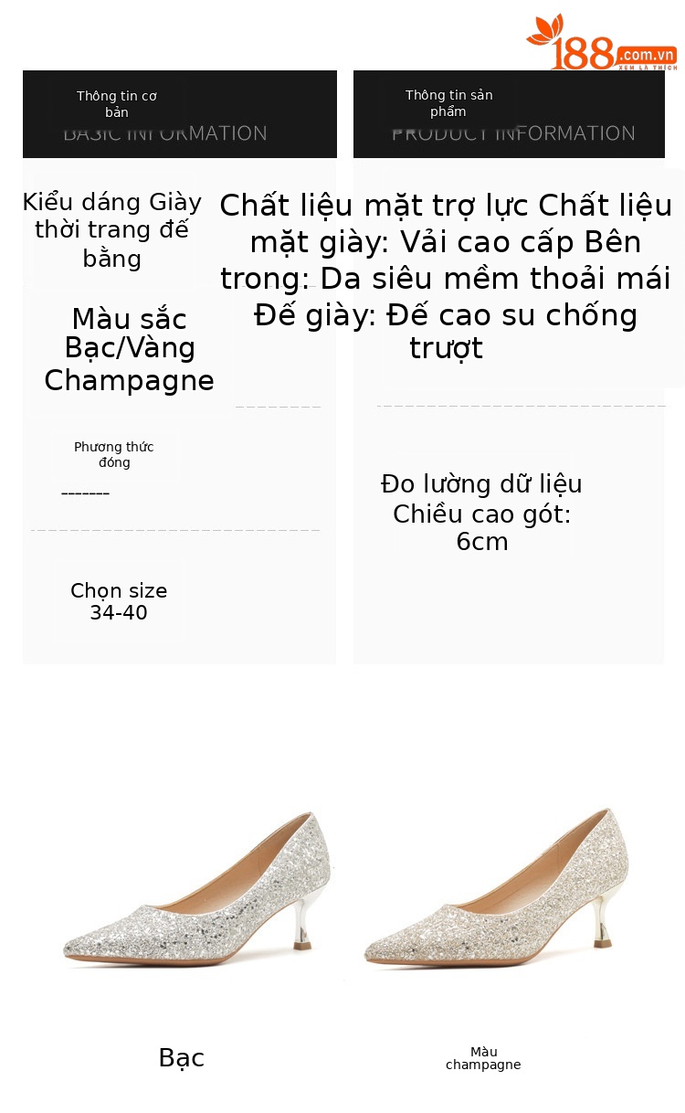 Giày cao gót mũi nhọn sequin lấp lánh CG6018 – miệng nông, gót nhọn — Màu Sâm panh chi tiết 3