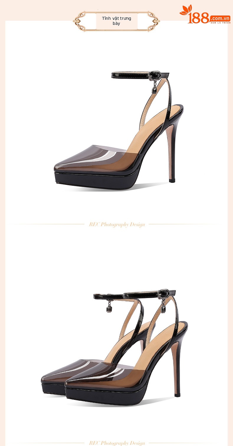 Sandal cao gót nữ bít mũi đế chống thấm da thật phong cách Roman gợi cảm đính đá rhinestone gót nhọn 12 cm — Màu đen chi tiết 2