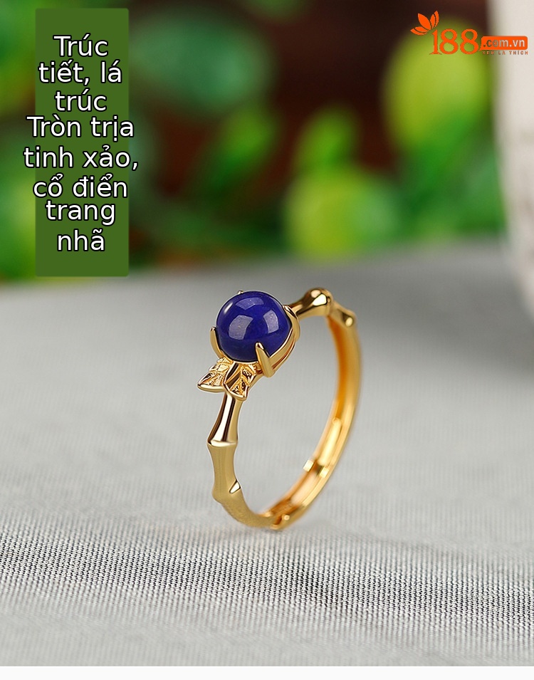 Nhẫn bạc S925 mạ vàng đính đá Lapis Lazuli hạt tròn phong cách cổ điển — Mở (một kích thước) chi tiết 1