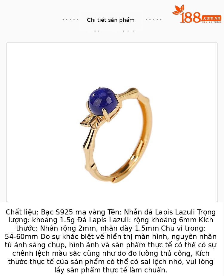 Nhẫn bạc S925 mạ vàng đính đá Lapis Lazuli hạt tròn phong cách cổ điển — Mở (một kích thước) chi tiết 2