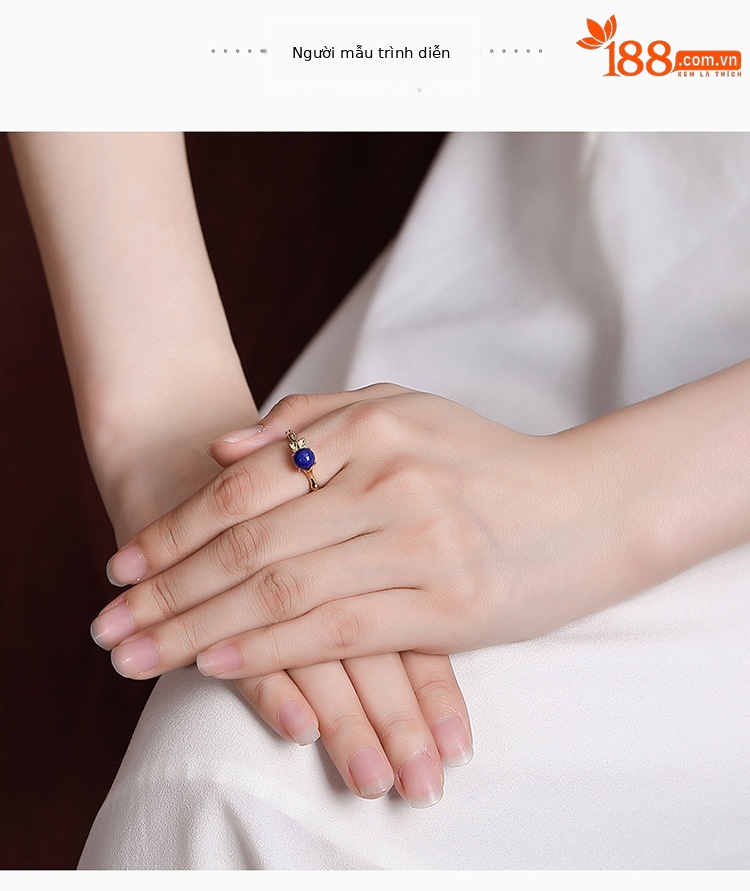 Nhẫn bạc S925 mạ vàng đính đá Lapis Lazuli hạt tròn phong cách cổ điển — Mở (một kích thước) chi tiết 4