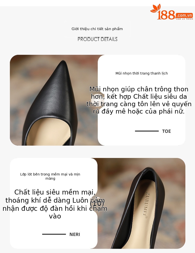 Giày cao gót nữ mũi nhọn đế bằng gót dày chống thấm nước — Màu đen chi tiết 2