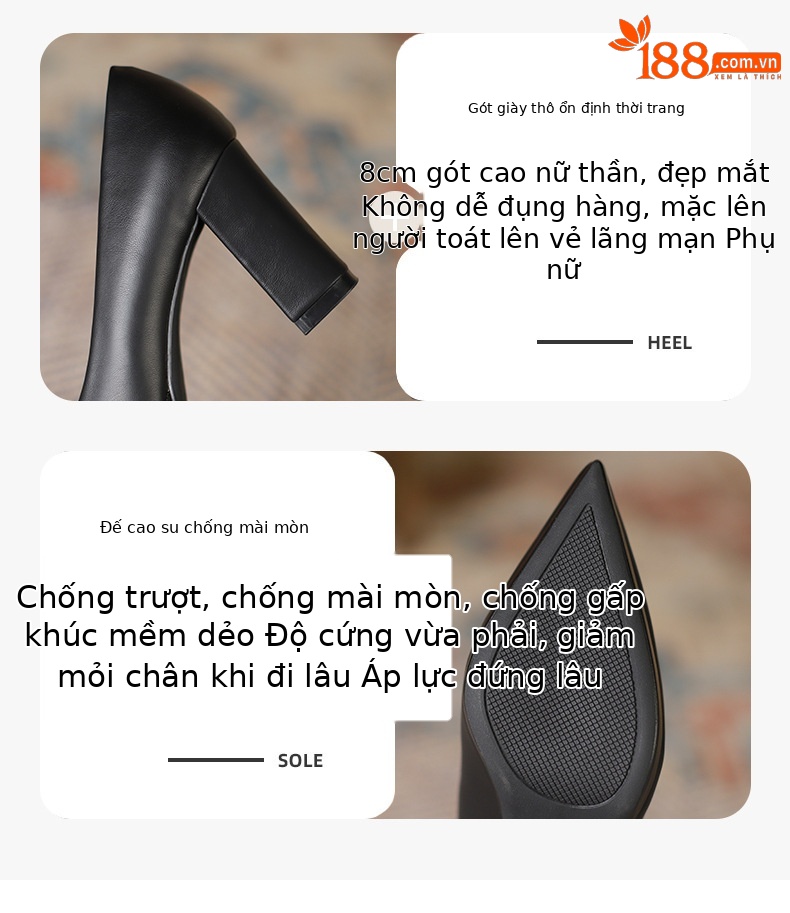 Giày cao gót nữ mũi nhọn đế bằng gót dày chống thấm nước — Màu đen chi tiết 3