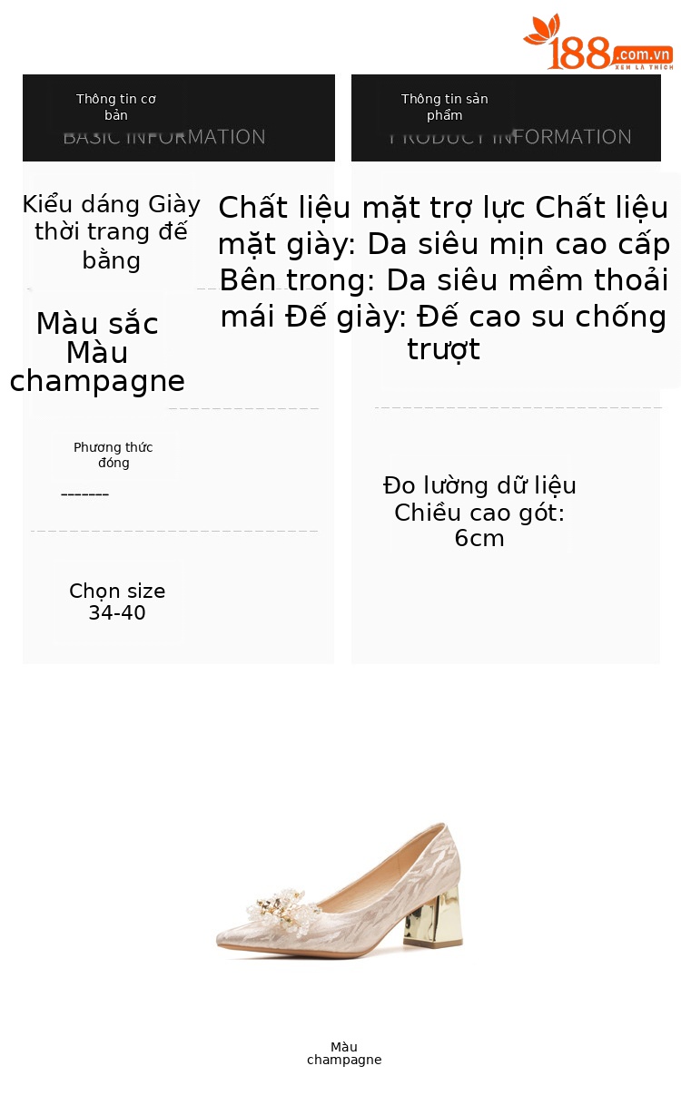 Giày cao gót cô dâu mũi nhọn pha lê gót thô Jin Gang miệng nông — Màu Sâm panh chi tiết 3