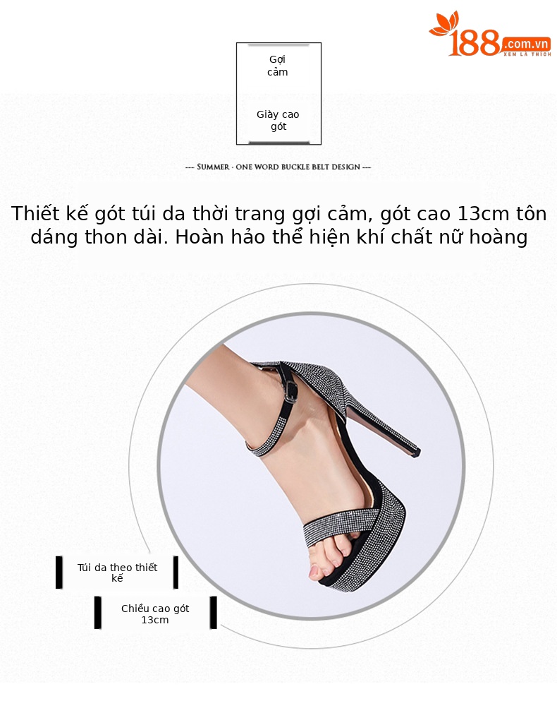 Sandal cao gót nữ gót nhọn hở mũi đính đá pha lê đế platform 13 cm — Bạc (10cm) chi tiết 1