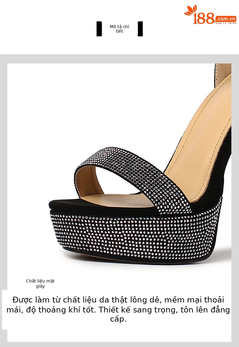 Sandal cao gót nữ gót nhọn hở mũi đính đá pha lê đế platform 13 cm — Bạc (10cm) chi tiết 3