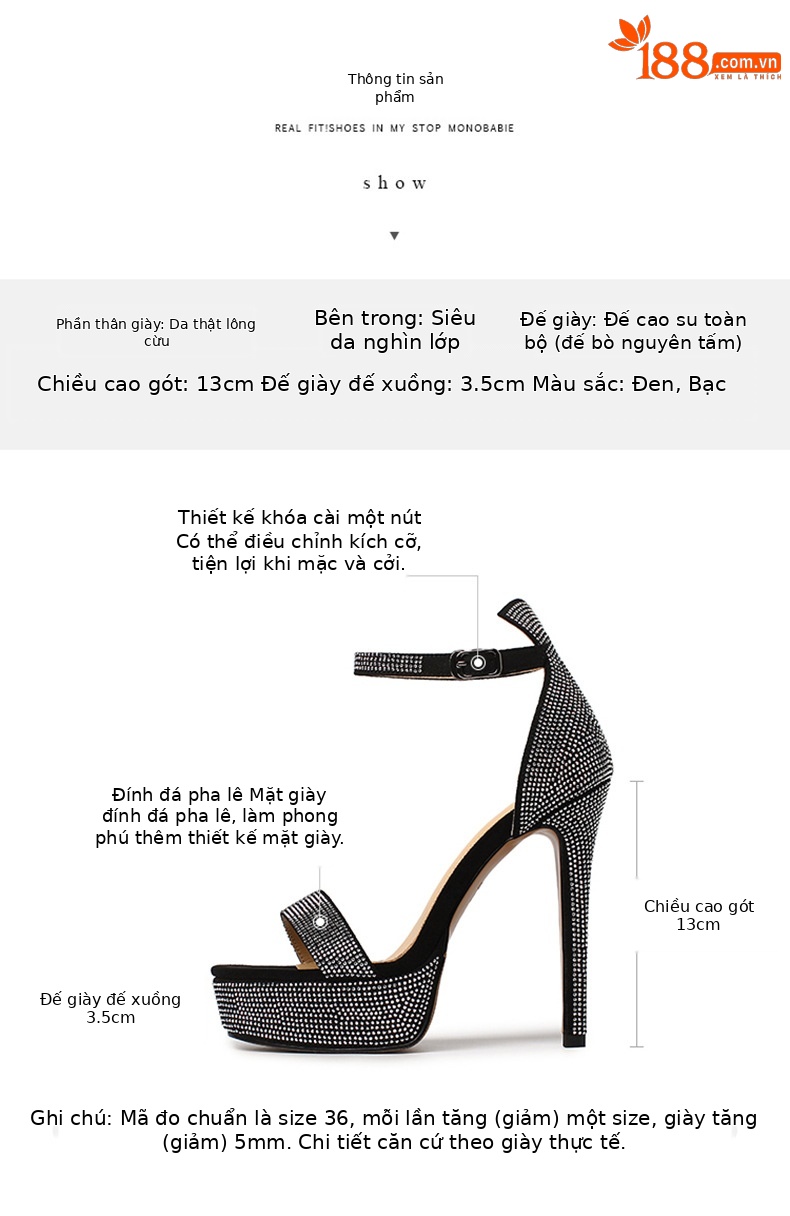 Sandal cao gót nữ gót nhọn hở mũi đính đá pha lê đế platform 13 cm — Bạc (10cm) chi tiết 2