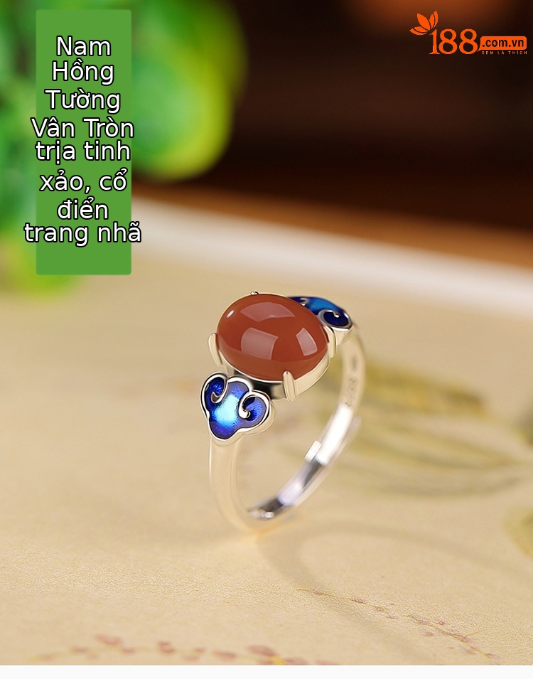 Nhẫn mặt trứng Ruyi màu đỏ nam bạc S925 bạc nguyên chất, phụ kiện cao cấp phong cách đơn giản, Nhẫn cổ điển phong cách Trung Quốc — Mở (một kích thước) chi tiết 1