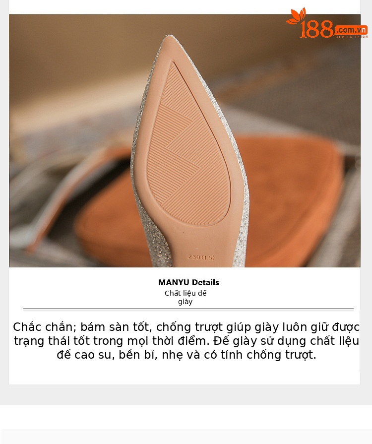 Giày cao gót cưới mũi nhọn gót thô kiểu Pháp — Màu Sâm panh chi tiết 7