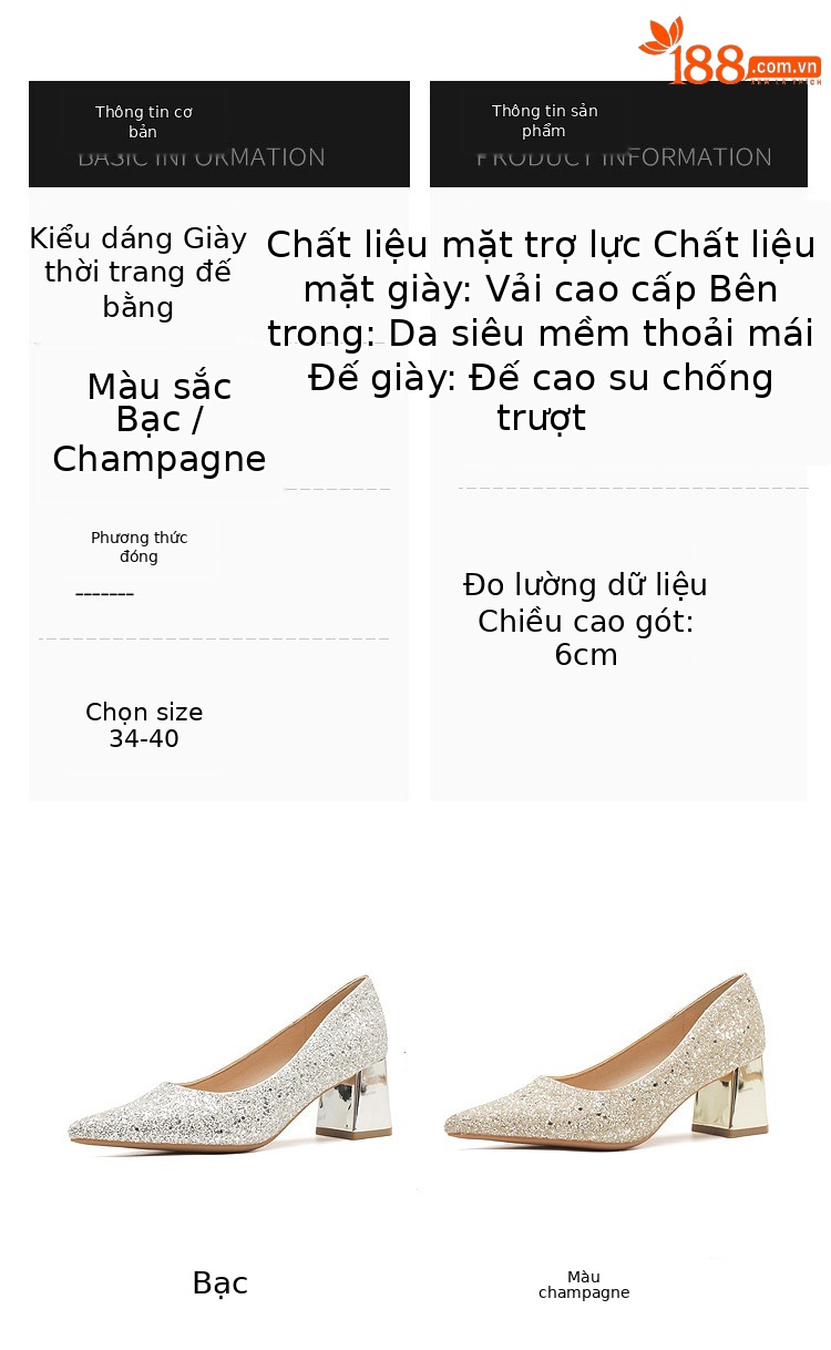 Giày cao gót cưới mũi nhọn gót thô kiểu Pháp — Màu Sâm panh chi tiết 3