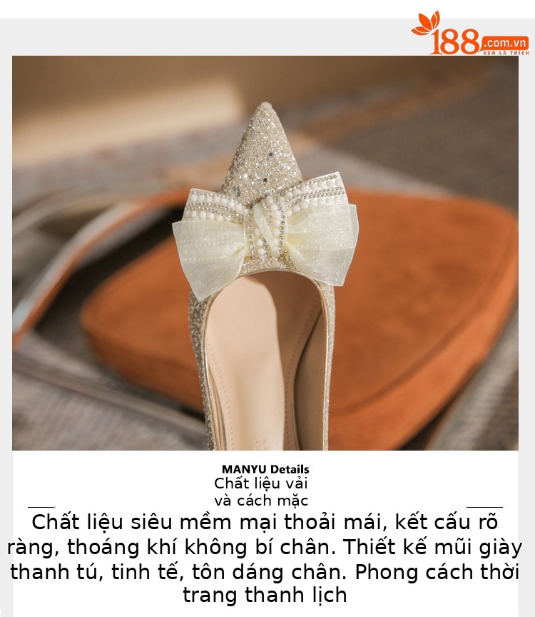 Giày cao gót mũi nhọn miệng nông đính sequin kiểu Pháp — Màu Sâm panh chi tiết 4