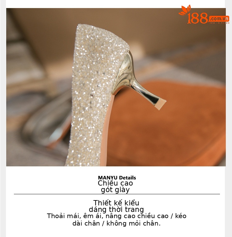 Giày cao gót mũi nhọn miệng nông đính sequin kiểu Pháp — Màu Sâm panh chi tiết 6