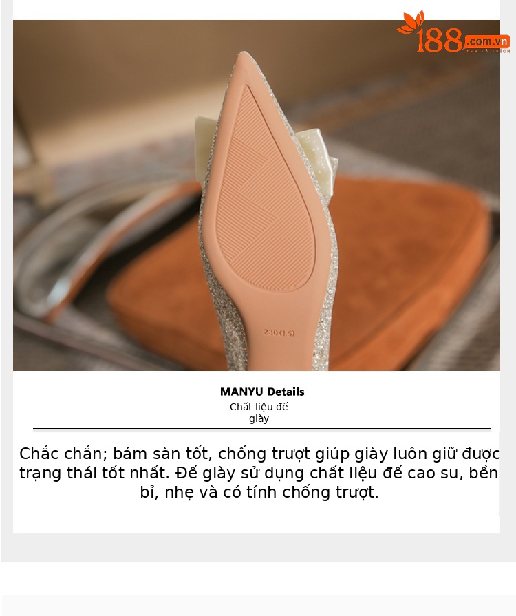 Giày cao gót mũi nhọn miệng nông đính sequin kiểu Pháp — Màu Sâm panh chi tiết 7