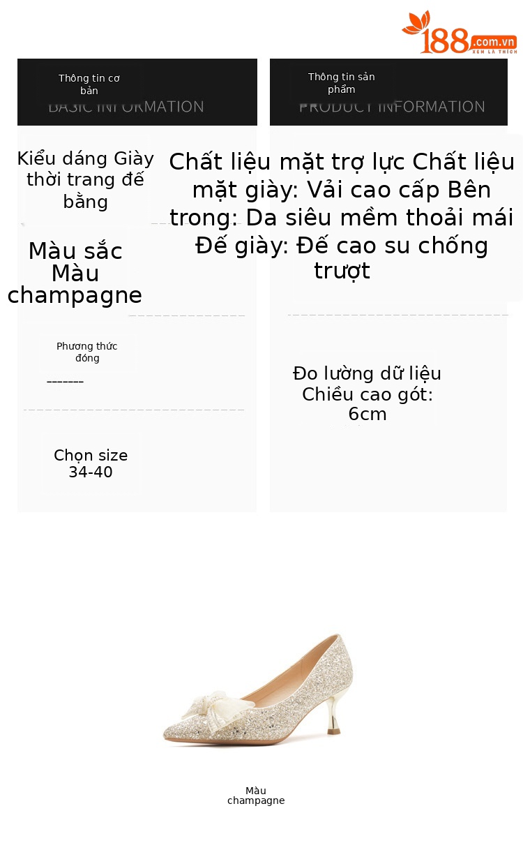 Giày cao gót mũi nhọn miệng nông đính sequin kiểu Pháp — Màu Sâm panh chi tiết 3