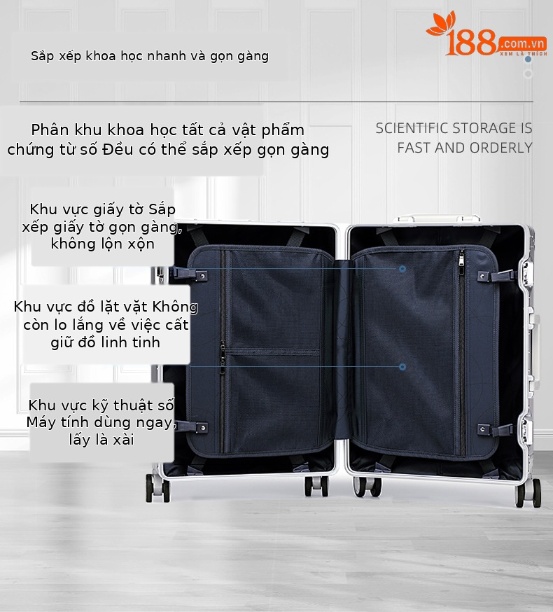 Vali nhôm-magiê 20 inch bánh xe đa hướng, khung nhôm chắc chắn, tiện lợi cho chuyến bay — Màu đen, Màu bạc chi tiết 4