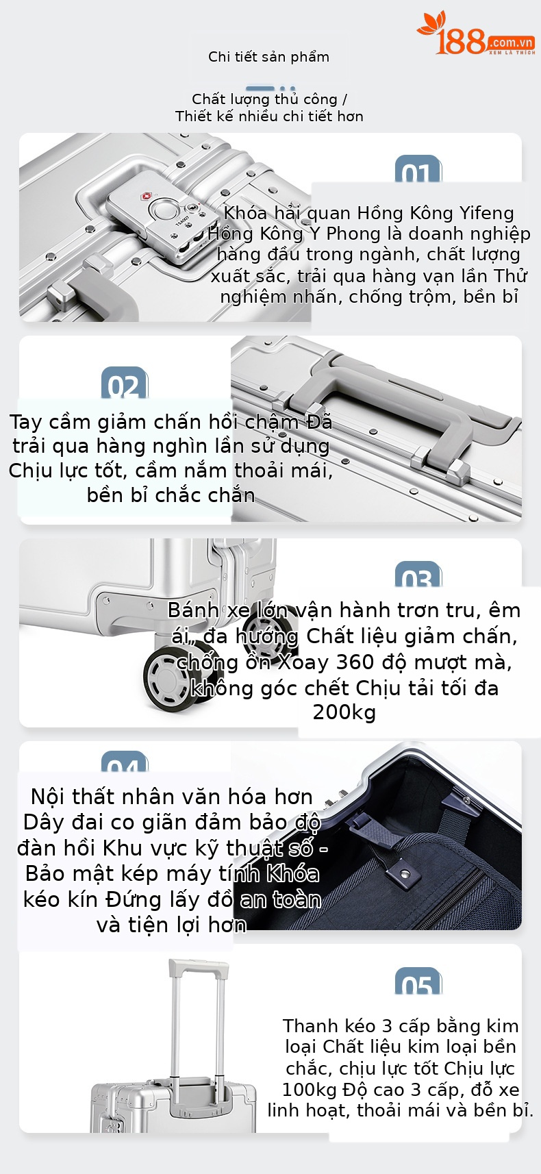 Vali nhôm-magiê 20 inch bánh xe đa hướng, khung nhôm chắc chắn, tiện lợi cho chuyến bay — Màu đen, Màu bạc chi tiết 5