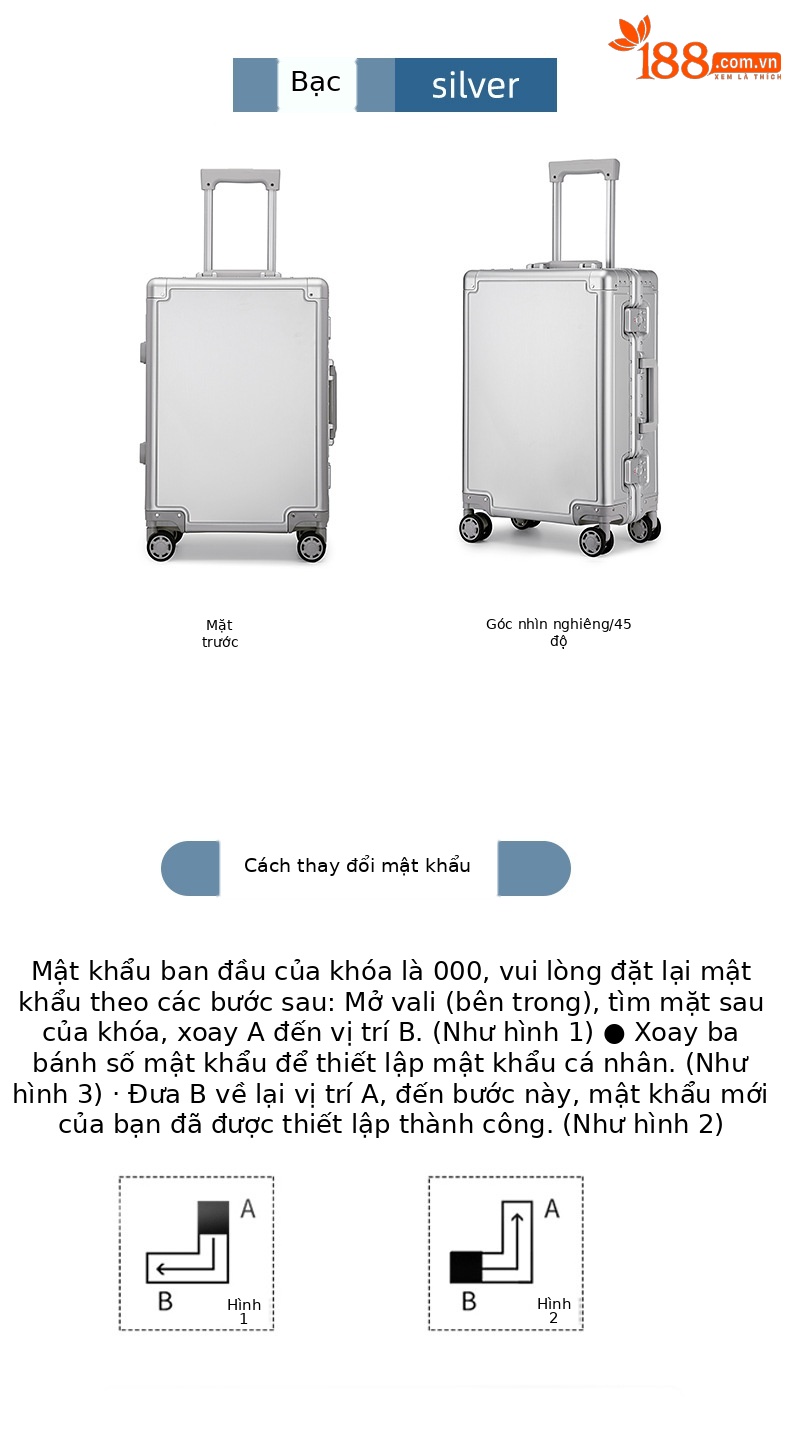 Vali nhôm-magiê 20 inch bánh xe đa hướng, khung nhôm chắc chắn, tiện lợi cho chuyến bay — Màu đen, Màu bạc chi tiết 6