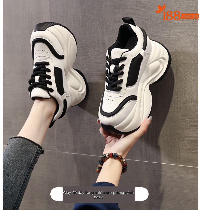 Giày sneaker nữ đế dày phối màu tăng chiều cao — Đen đỏ lót nhung chi tiết 1